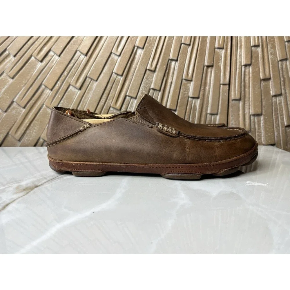 Olukai Moloa Men Leather Slip On Shoes Loafers Mules Slippers Sz 8.5 Brown